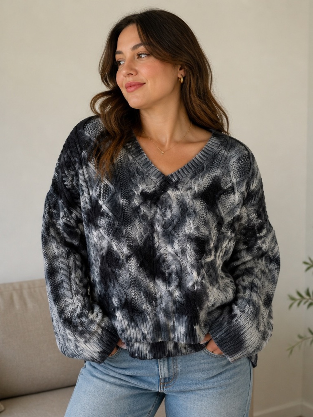 Anthropologie Pilcro Joni Blue Black Gray Tie Dye Cable Knit V Neck Sweater